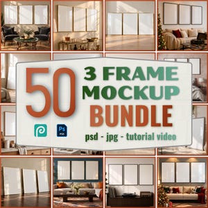 Könnte beinhalten: Ein digitales Produktpaket mit 50 Mockups von drei vertikalen Bilderrahmen. Der Text 50 3 FRAME MOCKUP BUNDLE wird zusammen mit Symbolen für Photoshop und andere Software angezeigt, inklusive psd, jpg und Tutorial-Video.