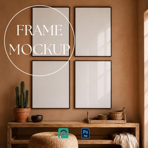 May include: Four vertical rectangular frames with white inserts arranged in a grid on a terracotta wall. Below, a wooden console table holds a potted cactus, a small bowl, a woven basket, and a textile. Text reads FRAME MOCKUP.