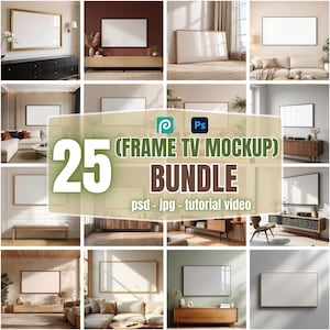 Pode incluir: Uma coleção de 25 imagens do Frame TV Mockup Bundle, mostrando várias configurações de design de interiores. As imagens apresentam telas de TV em branco em diferentes molduras, com o texto "25 (FRAME TV MOCKUP) BUNDLE" e "psd - jpg - tutorial video".