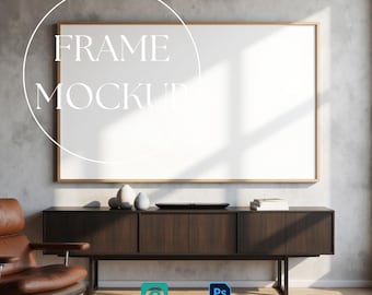 TV-Rahmen-Mockup 16:9, Poster-Mockup (horizontal), Wandbild-Mockup (querformatig), Holzrahmen-Mockup, Kunstdruck-Mockup, Photoshop Smart-Objekt (PSD)