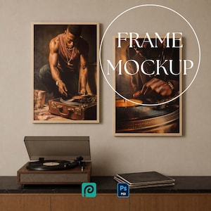 May include: Two vertical rectangular wooden frames displaying artwork of a person operating a vintage record player. The frames are mounted on a wall above a wooden console table featuring a turntable and a stack of vinyl records. Text reads FRAME MOCKUP.
