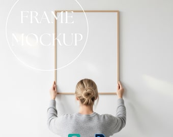 Woman Holding Frame Poster Mockup, Vertical Wall Art Mockup, Wooden Frame Mockup with Person, Lifestyle Frame PSD, Photoshop Smart Object