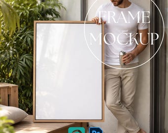 Man Holding Frame Mockup, Wall Art Mockup, Frame Mockup with Person, Wooden Frame Mockup, Glass Reflection, Outdoor Frame, Smart Object PSD