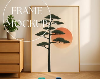 Wall Art Mockup, Single Vertical Frame Mockup, Leaning Poster Mockup, Glass Reflection, Wooden Frame Mockup, Photoshop Smart Object PSD