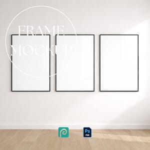 May include: Three vertical rectangular frames with thin black borders arranged side by side. The frames contain blank white centers. Overlaid on the left frame is a white circular graphic containing the text FRAME MOCKUP in white letters.