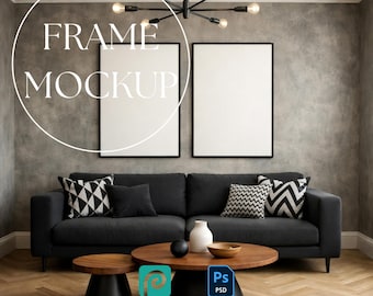 May include: A living room scene with a dark gray sofa, two framed blank art prints, and two wooden coffee tables. Decorative pillows and a modern chandelier complete the interior design. The text "FRAME MOCKUP" is in the image.