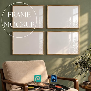 May include: Four rectangular picture frames with thin gold borders arranged in a grid on a sage green wall. The frames contain blank white inserts. The text "FRAME MOCKUP" is overlaid in white on the top left frame.
