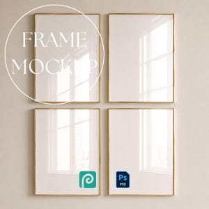 Mockup med 4 ramar, mockup för galleriväggkonst, mockup med flera ramar, mockup med fyra gyllene ramar, glasreflektion, Photoshop Smart Object