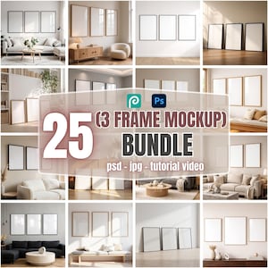 Può includere: Una collezione di 25 mockup di cornici, ognuno con cornici rettangolari vuote in vari ambienti interni. Le cornici sono presentate in gruppi di tre, con diversi stili e disposizioni. Il testo "(3 Frame Mockup) Bundle" è visibile.