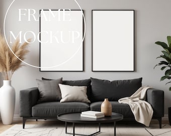 Conjunto de 2 Mockups de Molduras Verticais, Mockup de Arte de Parede Photopea, Mockup de Moldura Preta, Mockup de Duas Molduras, Mockup de Interior Escandinavo, Objeto Inteligente