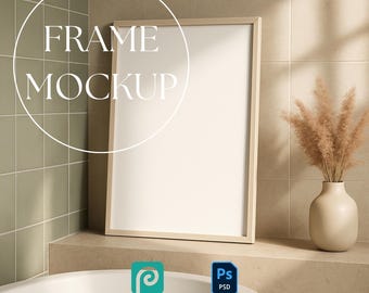Single Frame Mockup, Bathroom Wall Art Mockup, Leaning Frame, Wooden Frame Mockup Vertical, Framed Print Mockup, Photoshop Smart Object PSD
