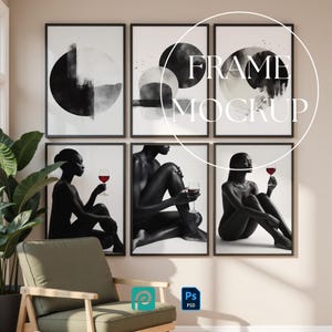 May include: A set of six framed wall art prints arranged in two rows. The top row features three abstract black and white circular designs. The bottom row displays three black and white photographic portraits of a person holding a red wine glass.