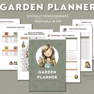 Op de afbeelding: Een digitaal downloadbare tuinplanner, afdrukbaar in PDF. Het bevat een bewateringsschema, een gids voor combinatieteelt en een snoeilogboek. De omslag toont een cartoonfiguur met een duim omhoog. De tekst "GARDEN PLANNER" is prominent aanwezig.