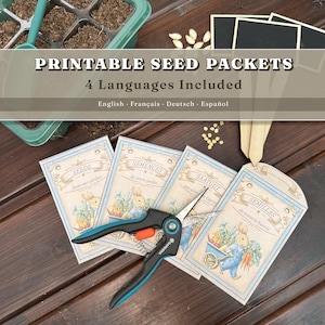 May include: A collection of printable seed packets with illustrations of rabbits and vegetables, along with a pair of blue and black gardening shears. The packets are labeled in English, French, German, and Spanish. The text "PRINTABLE SEED PACKETS" is displayed.