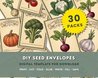 May include: A collection of vintage-style seed packet designs featuring illustrations of various vegetables, including a pumpkin, broccoli, and beets. The image includes the text "30 PACKS" and "DIY SEED ENVELOPES".