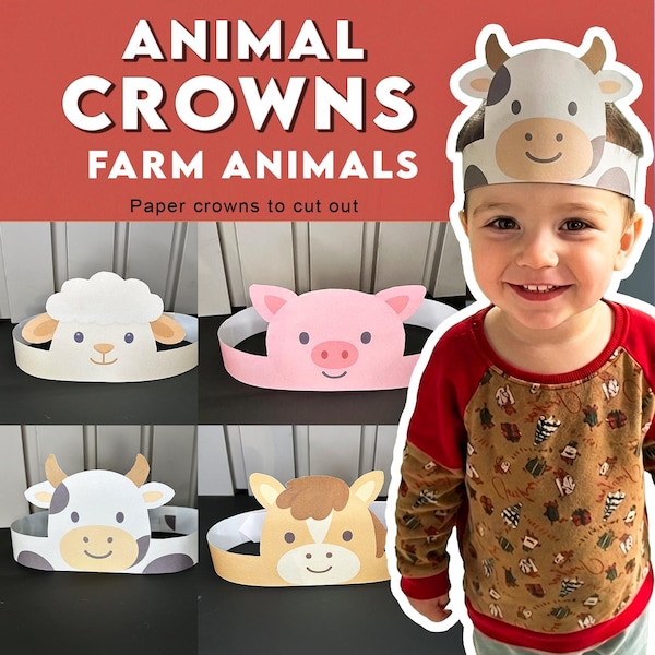 Animal Paper Crowns Farm | Printable Kids Craft | Preschool Activity | Farm Animals Headbands PDF