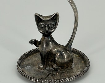 Vintage Metal Cat Ring Holder Trinket Dish - Mid Century Kitty Jewelry Stand - Silver Tone Vanity Decor