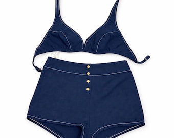 Robby Len Fashions 2 Piece Swimsuit Size 15/16 High Waisted Shorts Navy 70s 80s