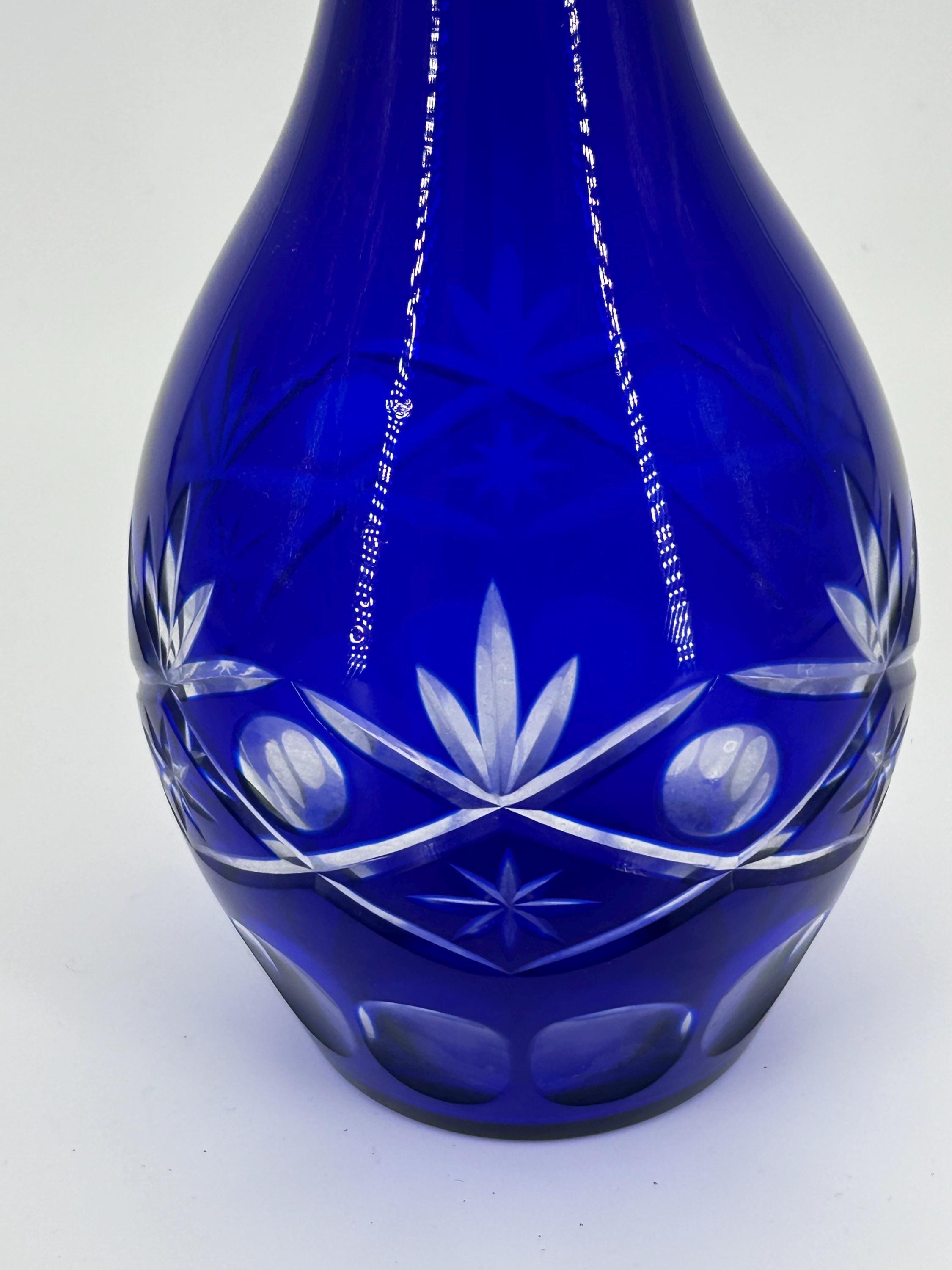 Cobalt Blue Cut to Clear Crystal Decanter Set, Bohemian Czech