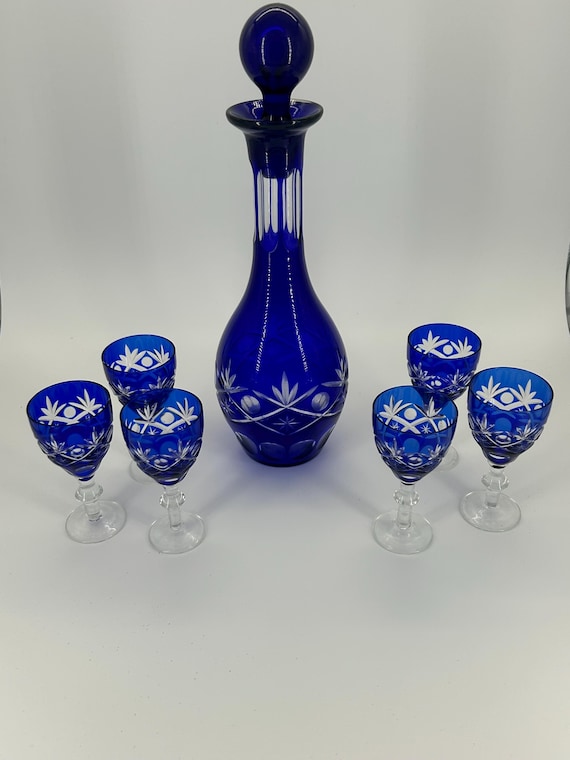 Cobalt Blue Cut to Clear Crystal Decanter Set, Bohemian Czech
