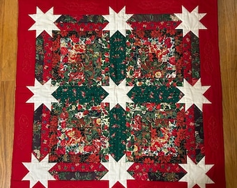 Handmade Christmas Patchwork Lap Quilt Table Topper with Stars 35” X 35”