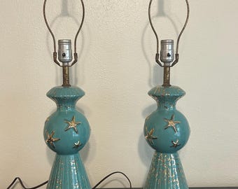 Mid Century Modern Pair of Atomic Table Lamps Teal Blue with Gold Stars 25 X 6.25