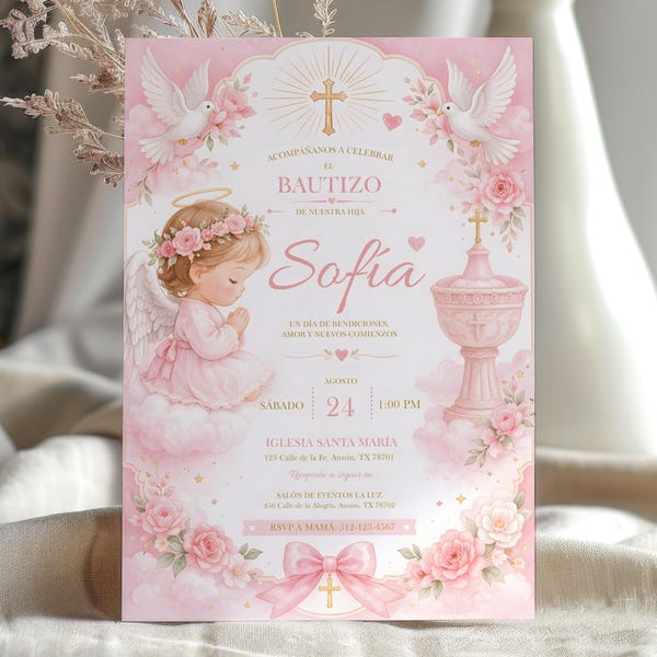 Pink Angel Baptism Invitation Girl, Spanish Mi Bautizo Invite (Canva Editable, Digital Download)