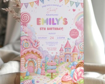 Candyland Birthday Invitation | Pastel Candy Theme, Girl Birthday (Canva Template)