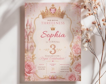 Her Royal Threeness Princess Birthday Invitation, Girls Princess Invite, Crown Castle, Princess 3rd Birthday Party Invitation Editable Canva