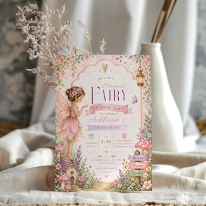 May include: A whimsical invitation for a fairy-themed birthday party. The design features a fairy illustration in a pink dress, surrounded by flowers and a miniature house. The text reads "Magical Fairy Birthday Party" and includes party details.