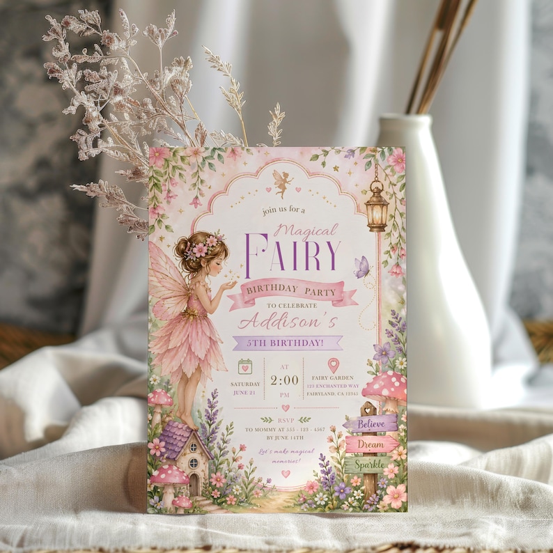 May include: A whimsical invitation for a fairy-themed birthday party. The design features a fairy illustration in a pink dress, surrounded by flowers and a miniature house. The text reads "Magical Fairy Birthday Party" and includes party details.