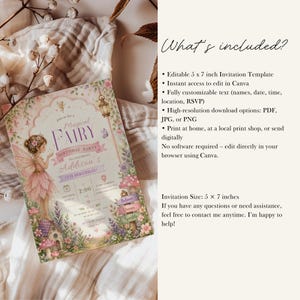 May include: A whimsical invitation for a fairy-themed birthday party. The design features a fairy in a pink dress, a miniature house, and floral accents. The invitation is 5 x 7 inches and includes the text "Magical Fairy Birthday Party".