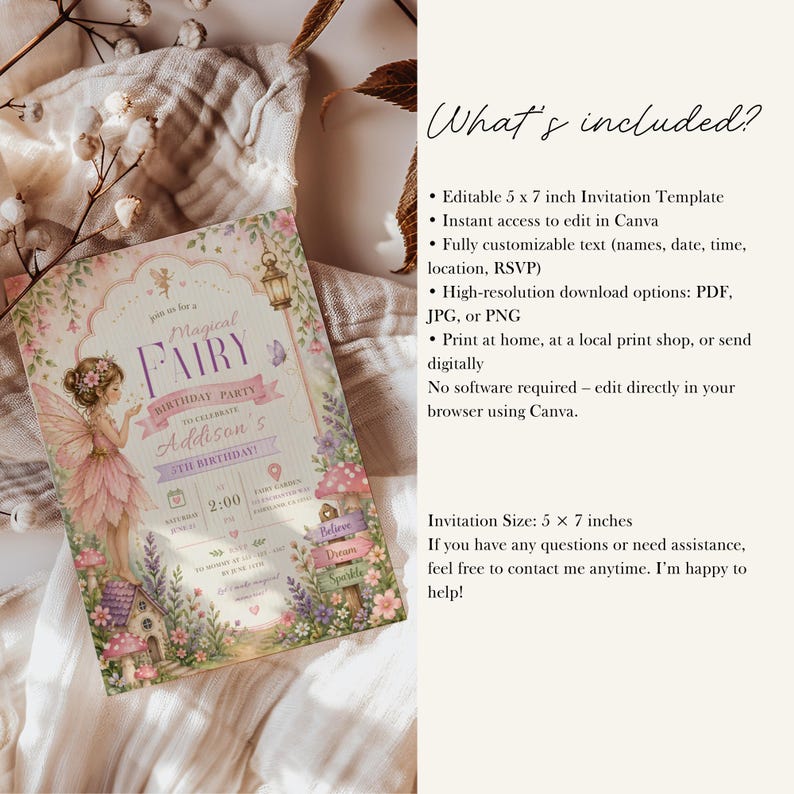 May include: A whimsical invitation for a fairy-themed birthday party. The design features a fairy in a pink dress, a miniature house, and floral accents. The invitation is 5 x 7 inches and includes the text "Magical Fairy Birthday Party".