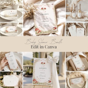 Może przedstawiać: Zestaw papeterii na baby shower z motywem kwiatowym i biedronkowym. Zawiera zaproszenia, wizytówki, menu i etykiety na prezenty. Widoczny jest tekst "Baby Shower Bundle Edit in Canva".