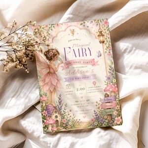 May include: A whimsical invitation for a fairy-themed birthday party. The design features a fairy illustration in a pink dress, surrounded by flowers, mushrooms, and a small house. The text reads "Magical Fairy Birthday Party" and includes the name "Addison's" and the date and time.