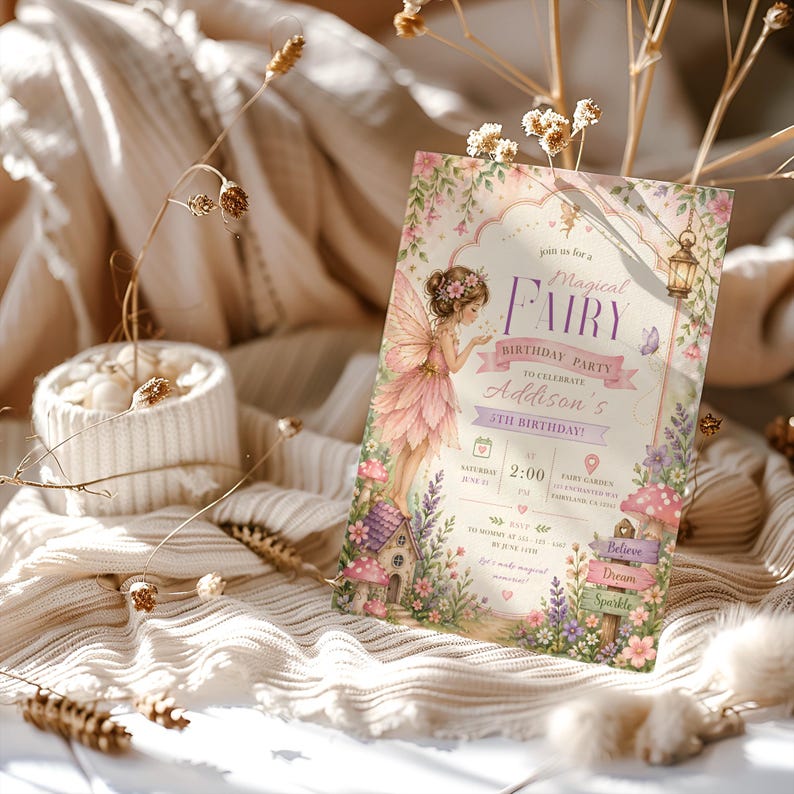 May include: A whimsical invitation for a "Magical Fairy Birthday Party" featuring a fairy in a pink dress with wings. The invitation includes the text "Addison's 5th Birthday!" and details for the party.