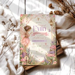 May include: A whimsical invitation for a "Magical Fairy Birthday Party" featuring a fairy illustration in a pink dress. The invitation includes details for Addison's 5th birthday, with floral and mushroom accents, and the words "Believe", "Dream", and "Sparkle".
