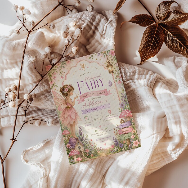 May include: A whimsical invitation for a "Magical Fairy Birthday Party" featuring a fairy illustration in a pink dress. The invitation includes event details, floral accents, and the text "Believe, Dream, Sparkle."