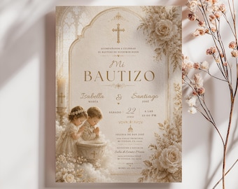 Spanish Twin Baptism Invitation Template: Mi Bautizo Girl Boy (Digital Download)