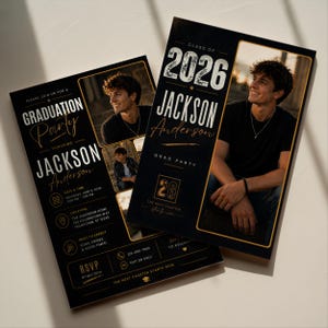 May include: Two black graduation party invitations with gold detailing. The invitations feature a photograph of a young man, the text "Class of 2026 Jackson Anderson," and event details. The phrase "The Next Chapter Starts Now" is also included.