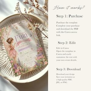 May include: A fairy-themed birthday party invitation with a watercolor illustration of a fairy in a pink dress. The invitation includes the text "Magical Fairy Birthday Party" and event details. The invitation is on a white plate with dried flowers.