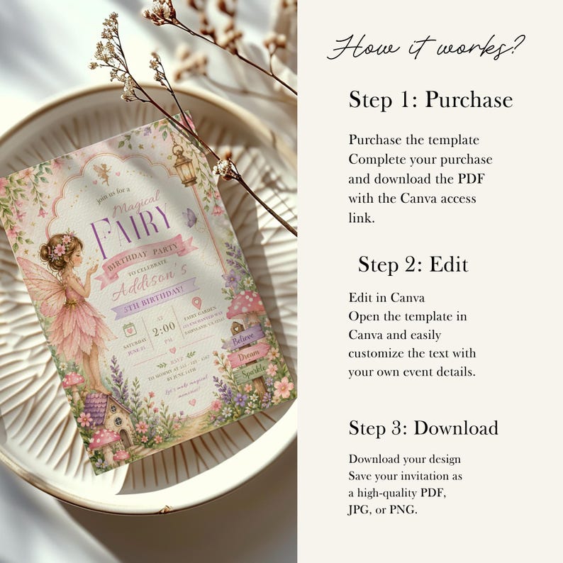 May include: A fairy-themed birthday party invitation with a watercolor illustration of a fairy in a pink dress. The invitation includes the text "Magical Fairy Birthday Party" and event details. The invitation is on a white plate with dried flowers.