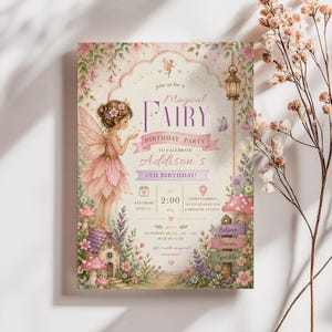 Puede incluir: Una invitación caprichosa para una fiesta de cumpleaños con temática de hadas. El diseño presenta un hada con un vestido rosa, rodeada de flores y setas. El texto dice "Magical Fairy Birthday Party" e incluye el nombre "Addison's" y la edad "5th Birthday!"