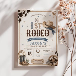 May include: A western-themed birthday invitation with a cowboy hat, boots, and a horseshoe. The invitation reads "My 1st Rodeo" and includes the name "Jaxon" and the date and time of the party. The color scheme is brown, beige, and blue.