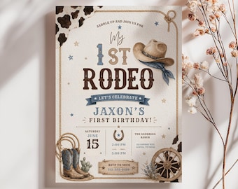 First Rodeo Invitation, My 1st Rodeo Invitation, Cowboy Birthday Invite, Boy 1st Birthday Invites, Editable Template Canva