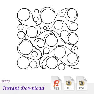 May include: A digital embroidery design featuring a continuous black line pattern of interconnected circles and fluid, swirling curves on a white background. The image includes text labels for 3 SIZES, Instant Download, and file formats PES, JEF, and DST.