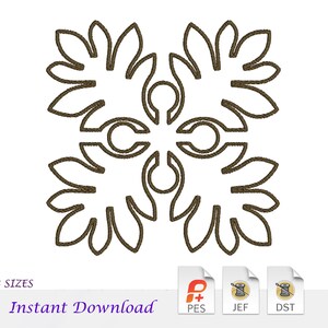 Puede incluir: Diseño de bordado floral marrón con un patrón simétrico. El diseño está hecho de líneas gruesas y texturizadas y está sobre un fondo blanco. Las palabras "Descarga instantánea" están debajo, junto con iconos de tipo de archivo.