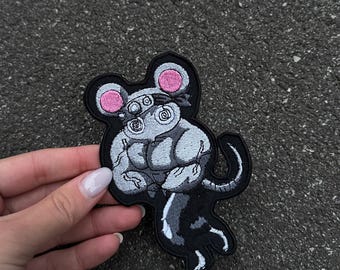 Muscle Mouse Embroidered Patch – Iron Pumping Rat Badge – Funny Gym Parody Patch