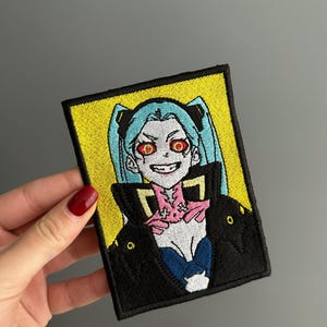 Crazy Smiling Girl Embroidered Patch – Neon Anime Style Badge