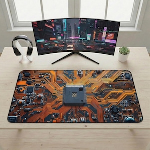 May include: A rectangular computer mouse pad featuring a detailed circuit board design in shades of orange, brown, and black. A central square component is visible. The mouse pad is on a light-colored wooden surface.